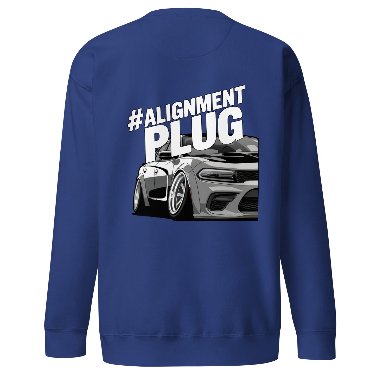 Blue Amp'd Up Custom Alignment PLUG Sweatshirt featuring bold back illustration of a stylish car