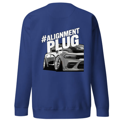 Blue Amp'd Up Custom Alignment PLUG Sweatshirt featuring bold back illustration of a stylish car