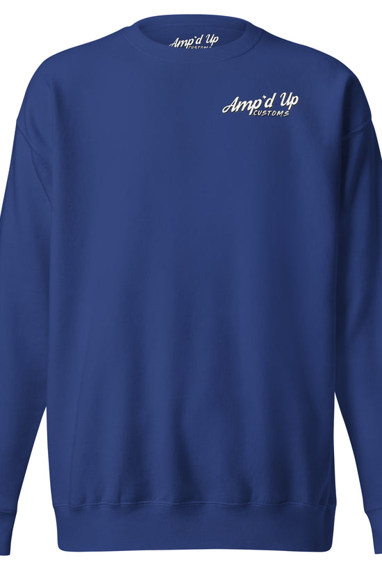 Amp'd Up Custom Alignment PLUG Sweatshirt with a simple back illustration in navy blue