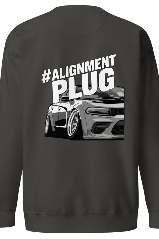 Back of the Amp'd Up Custom Alignment PLUG Sweatshirt featuring a sporty car illustration