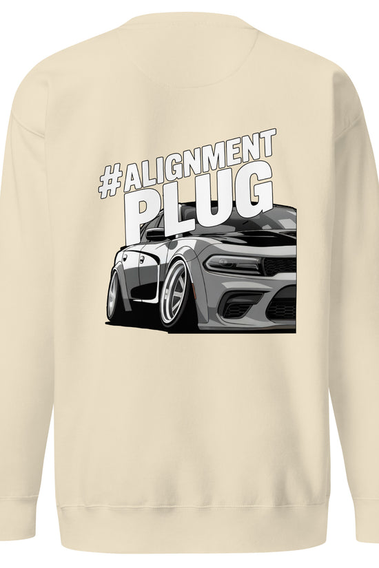 Back view of Amp'd Up Custom Alignment PLUG Sweatshirt featuring a graphic car illustration