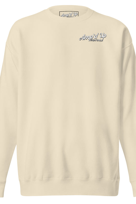 Amp'd Up Custom Alignment PLUG Sweatshirt with stylish back illustration in soft cream color
