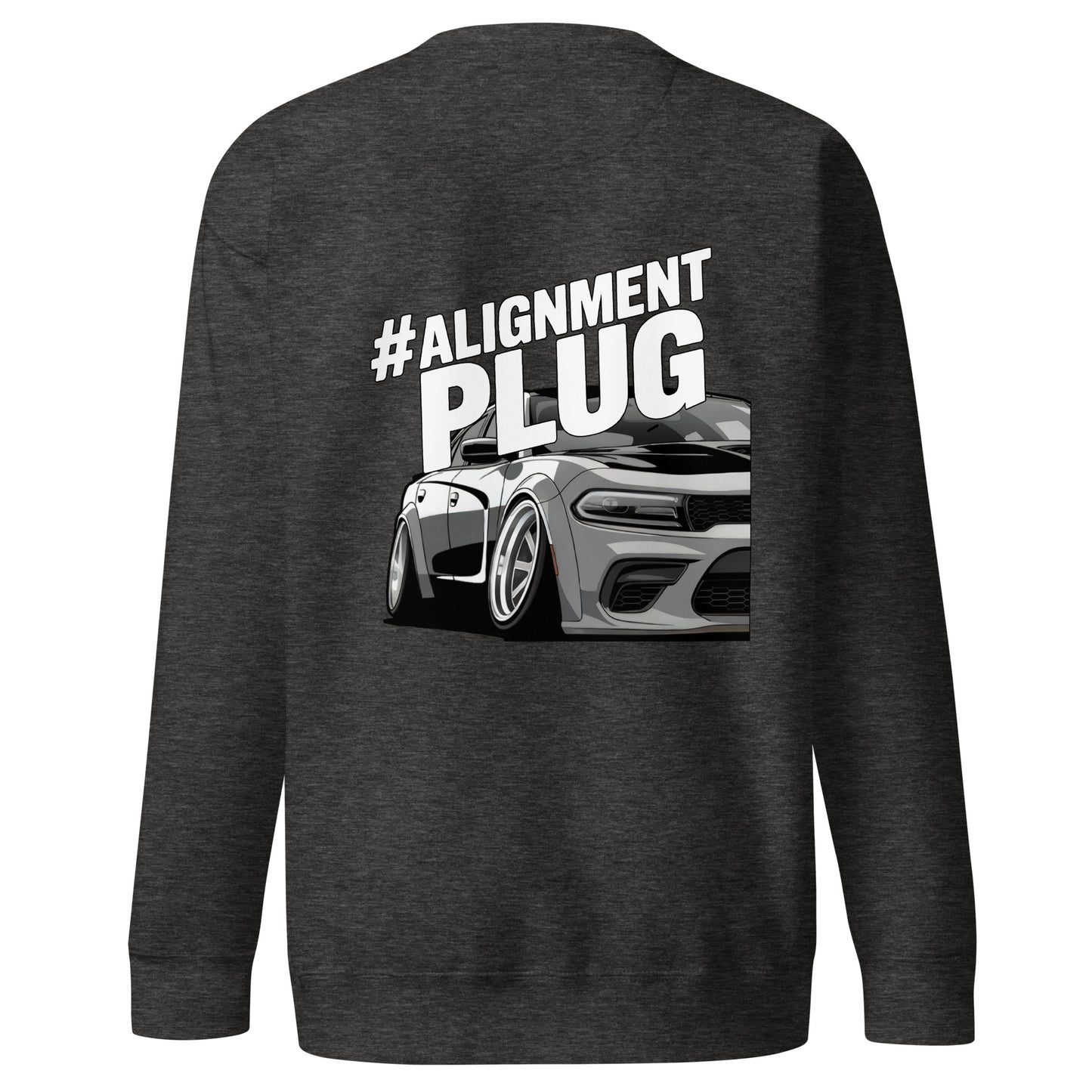 Back illustration of Alignment PLUG Sweatshirt featuring a sleek car design and bold text