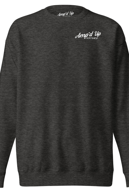 Front view of the Amp'd Up Custom Alignment PLUG Sweatshirt featuring a classic crewneck design