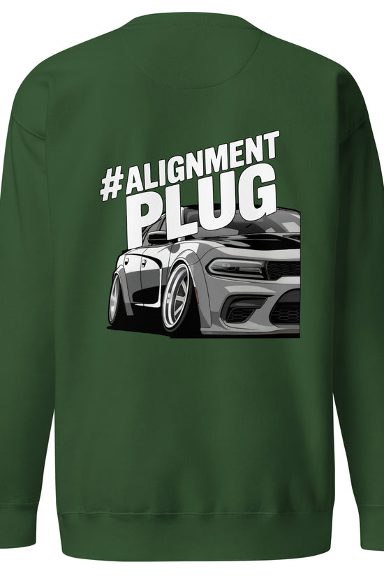 Amp'd Up Custom Alignment PLUG Sweatshirt featuring a car back illustration in green