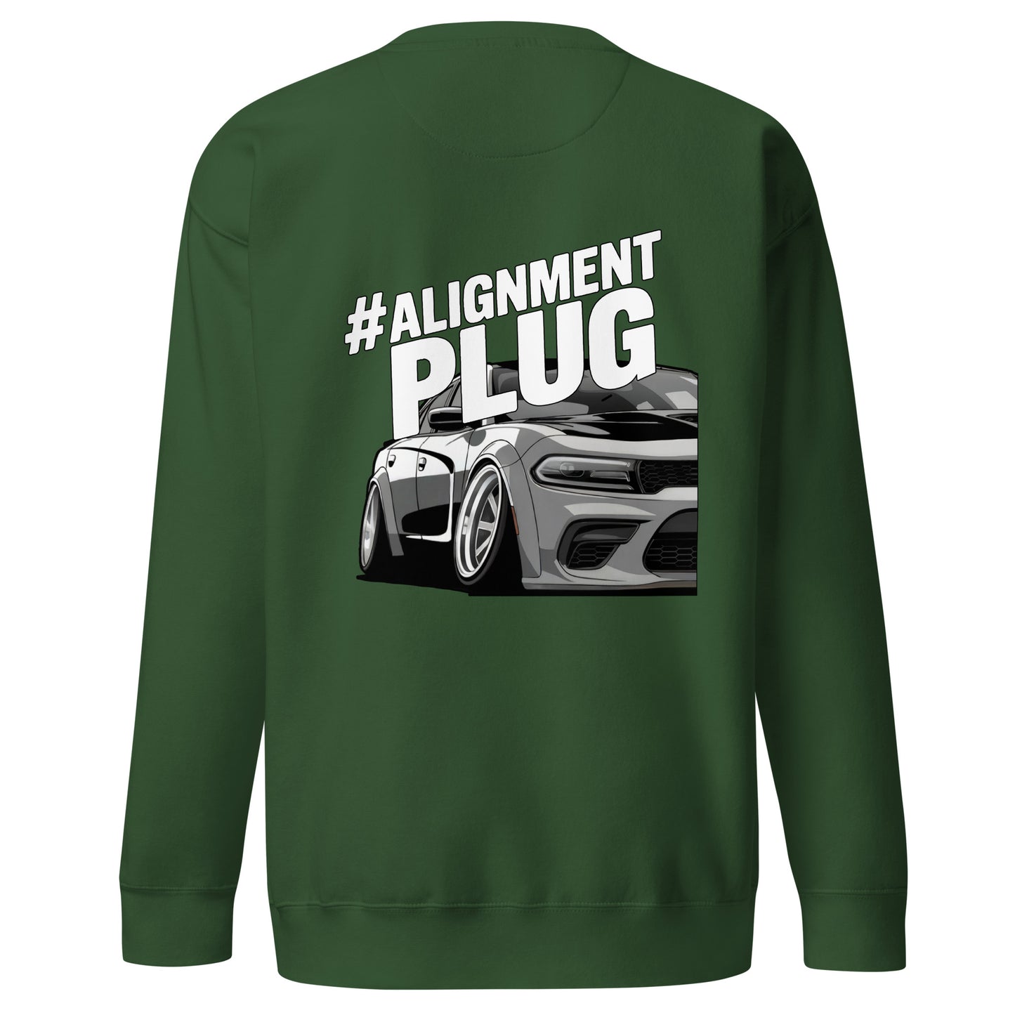 Amp'd Up Custom Alignment PLUG Sweatshirt featuring a car back illustration in green