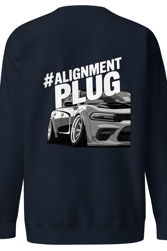 Navy Amp'd Up Custom Alignment PLUG Sweatshirt with Back Illustration of a Modified Car