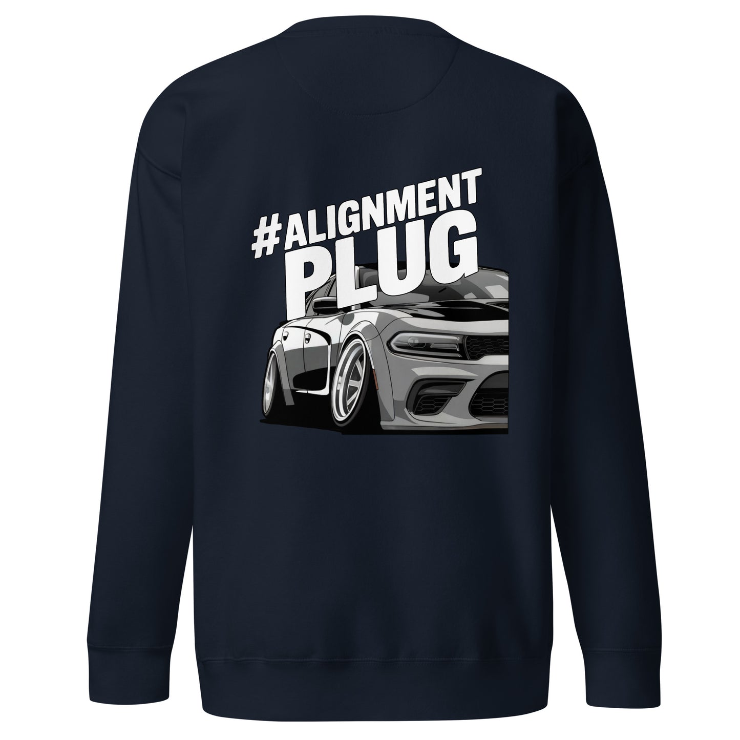 Navy Amp'd Up Custom Alignment PLUG Sweatshirt with Back Illustration of a Modified Car