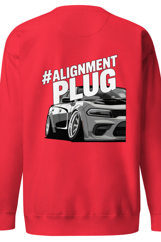 #Alignment PLUG Sweatshirt in red featuring a car illustration on the back for automotive enthusiasts