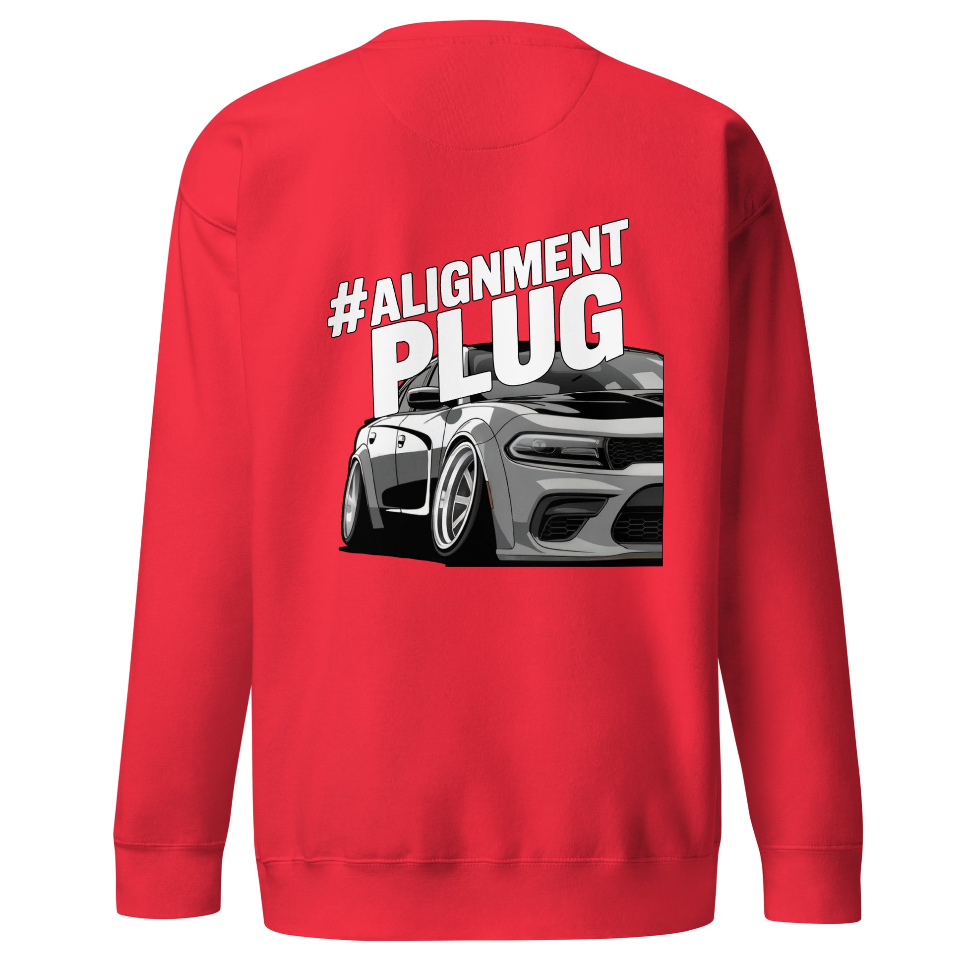 #Alignment PLUG Sweatshirt in red featuring a car illustration on the back for automotive enthusiasts