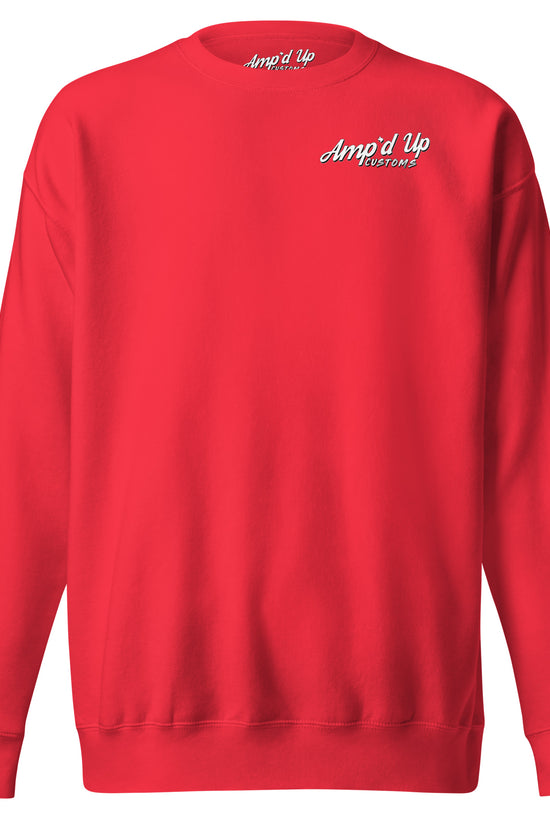 Red Amp'd Up Custom Alignment PLUG Sweatshirt with a classic fit and soft fabric