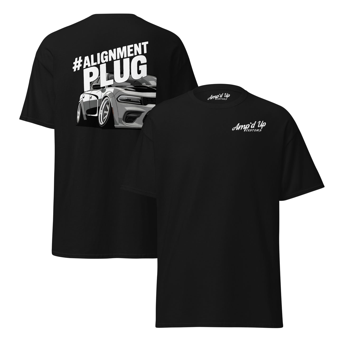 Black Alignment PLUG T-Shirt with Back Illustration featuring a sporty car design