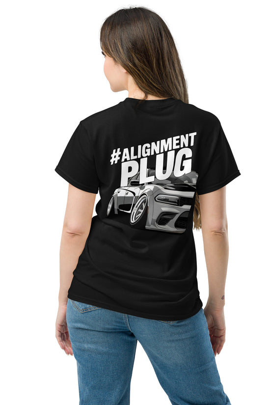Black Alignment PLUG T-Shirt with back illustration featuring stylish cars