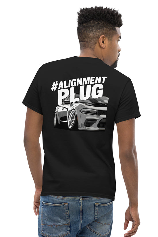 Black Alignment PLUG T-Shirt featuring a cool back illustration of a sporty car