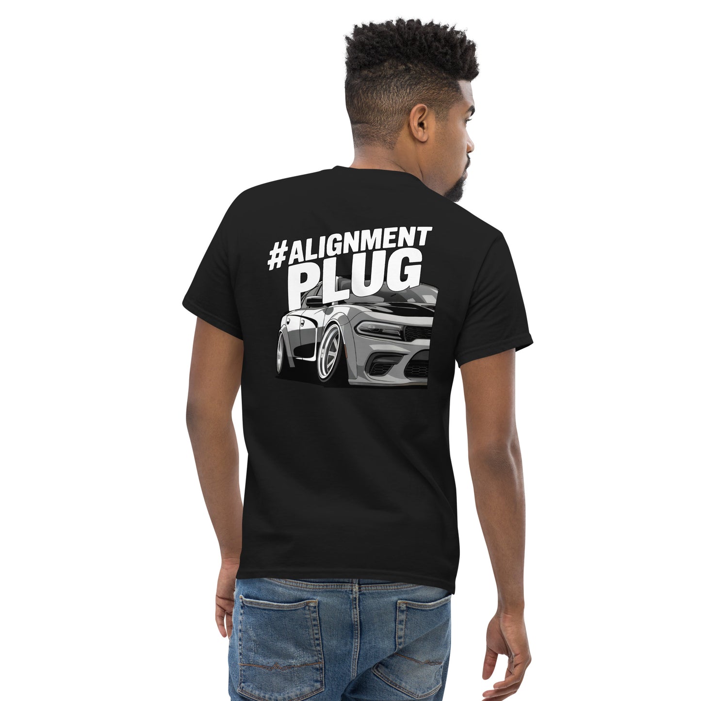 Black Alignment PLUG T-Shirt featuring a cool back illustration of a sporty car