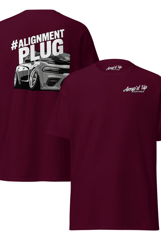 Amp'd Up Custom Alignment PLUG T-Shirt with Back Illustration Featuring a Stylish Car Graphic