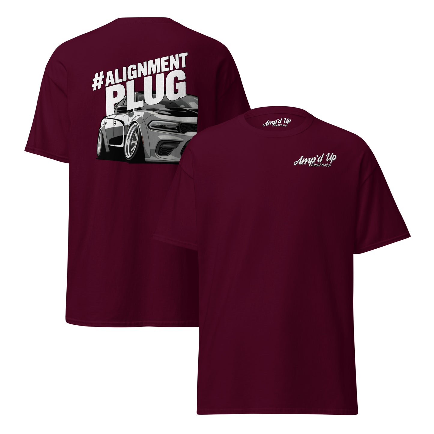 Amp'd Up Custom Alignment PLUG T-Shirt with Back Illustration Featuring a Stylish Car Graphic