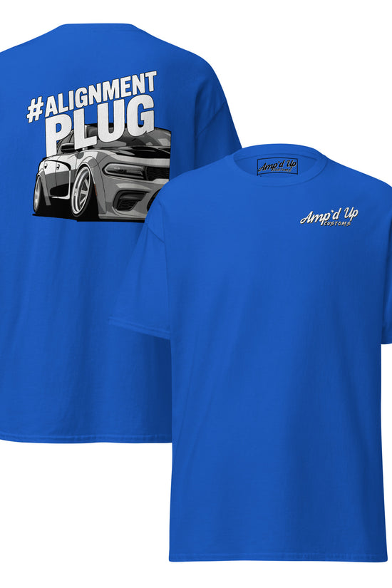 Bright blue Alignment PLUG T-Shirt with back illustration featuring a sleek sports car design
