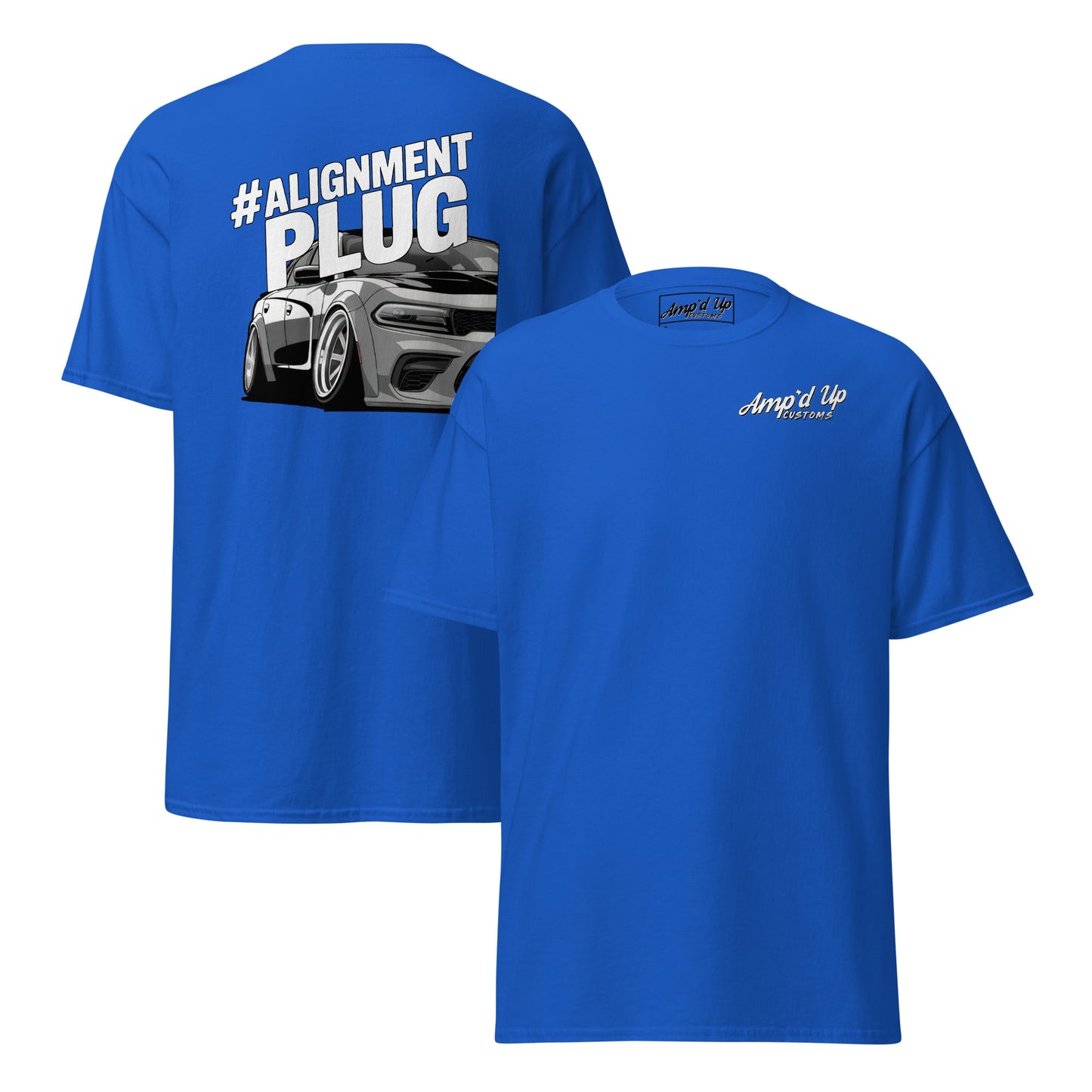 Bright blue Alignment PLUG T-Shirt with back illustration featuring a sleek sports car design