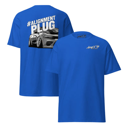 Bright blue Alignment PLUG T-Shirt with back illustration featuring a sleek sports car design