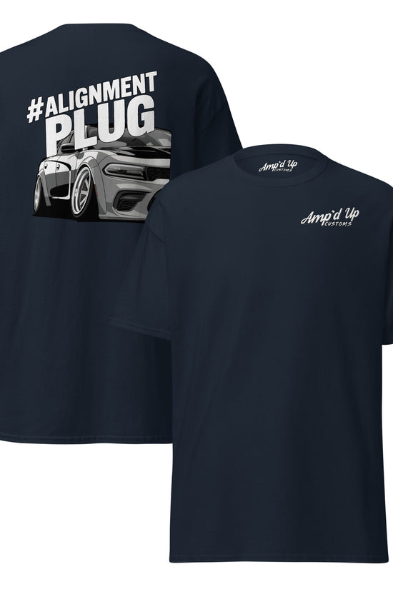 Amp'd Up Custom Alignment PLUG T-Shirt with a back illustration featuring a car design