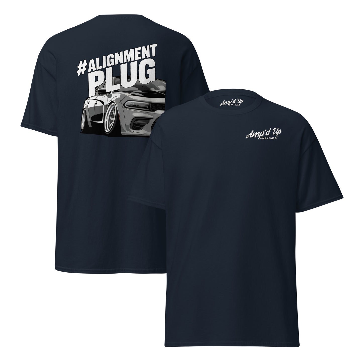 Amp'd Up Custom Alignment PLUG T-Shirt with a back illustration featuring a car design