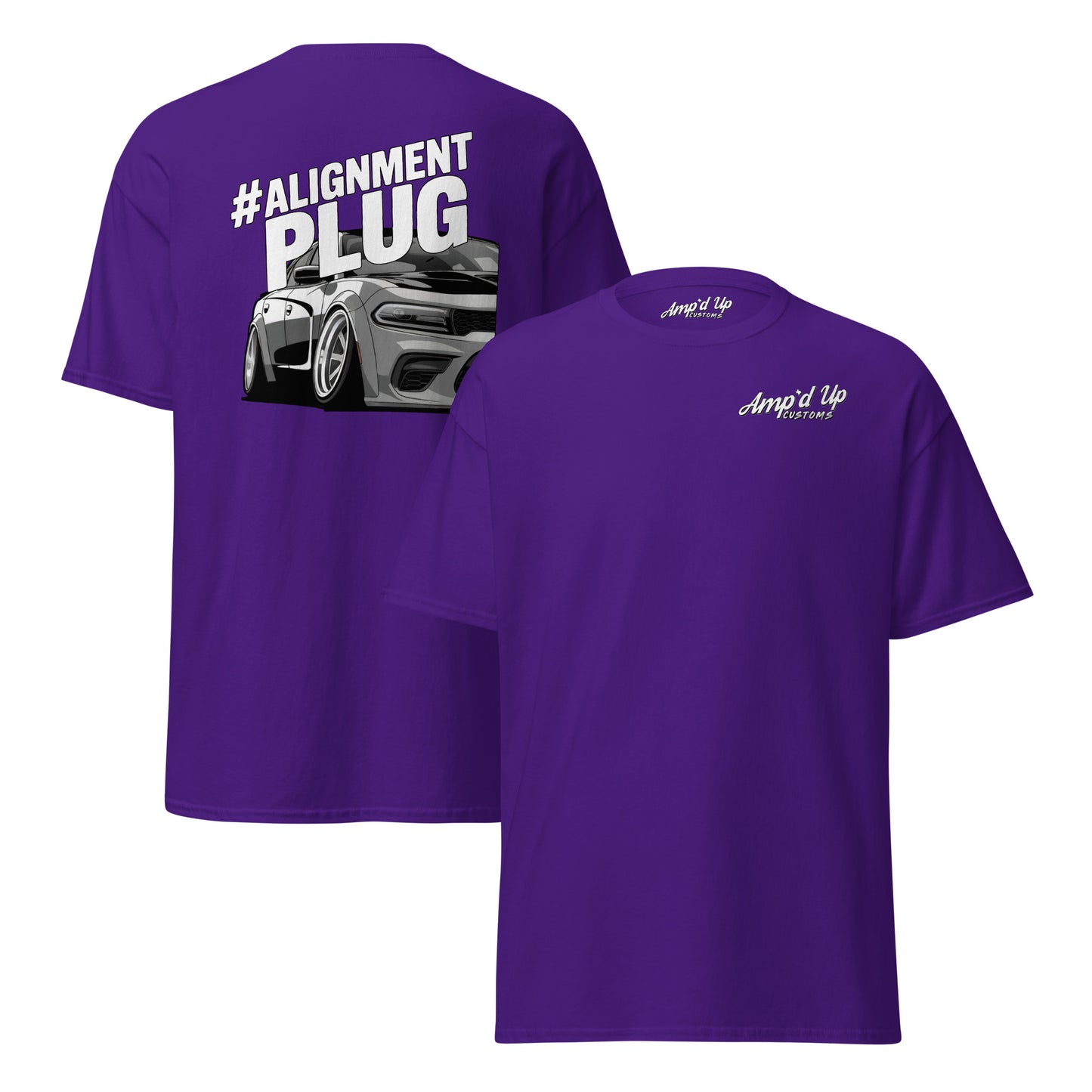 Purple Amp'd Up Custom Alignment PLUG T-Shirt with Back Illustration of a car design