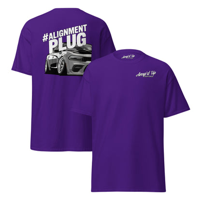 Purple Amp'd Up Custom Alignment PLUG T-Shirt with Back Illustration of a car design