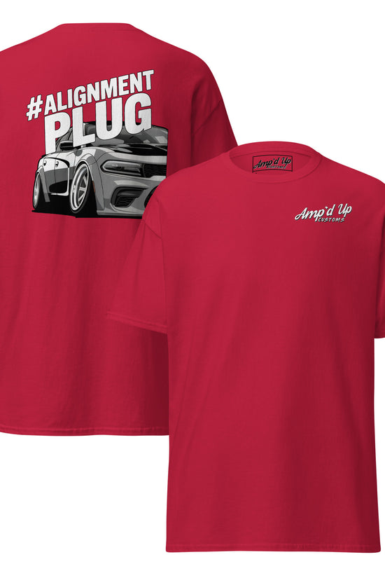 Red Amp'd Up Custom Alignment PLUG T-Shirt with Back Illustration of a Car