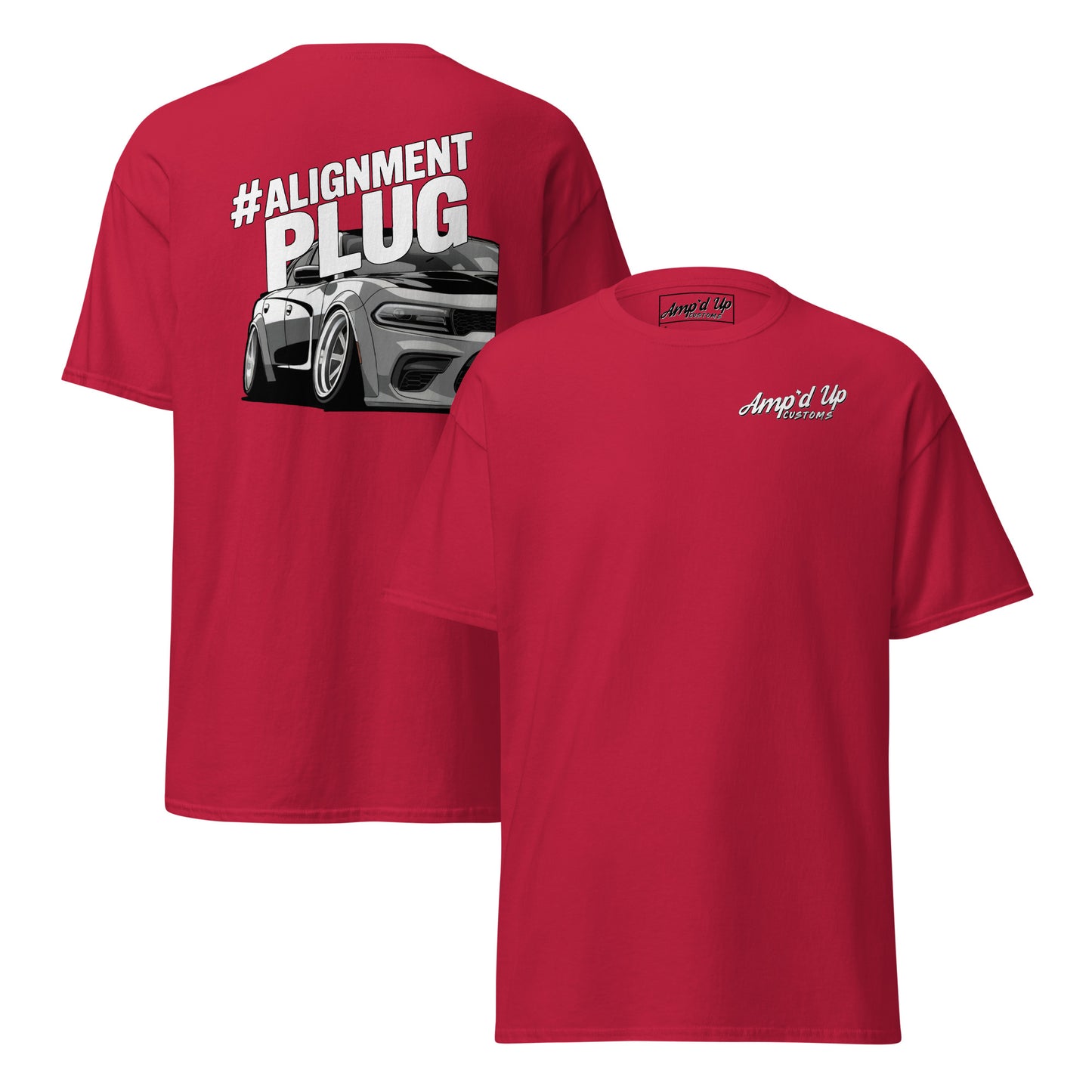 Red Amp'd Up Custom Alignment PLUG T-Shirt with Back Illustration of a Car