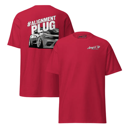 Red Amp'd Up Custom Alignment PLUG T-Shirt with Back Illustration of a Car