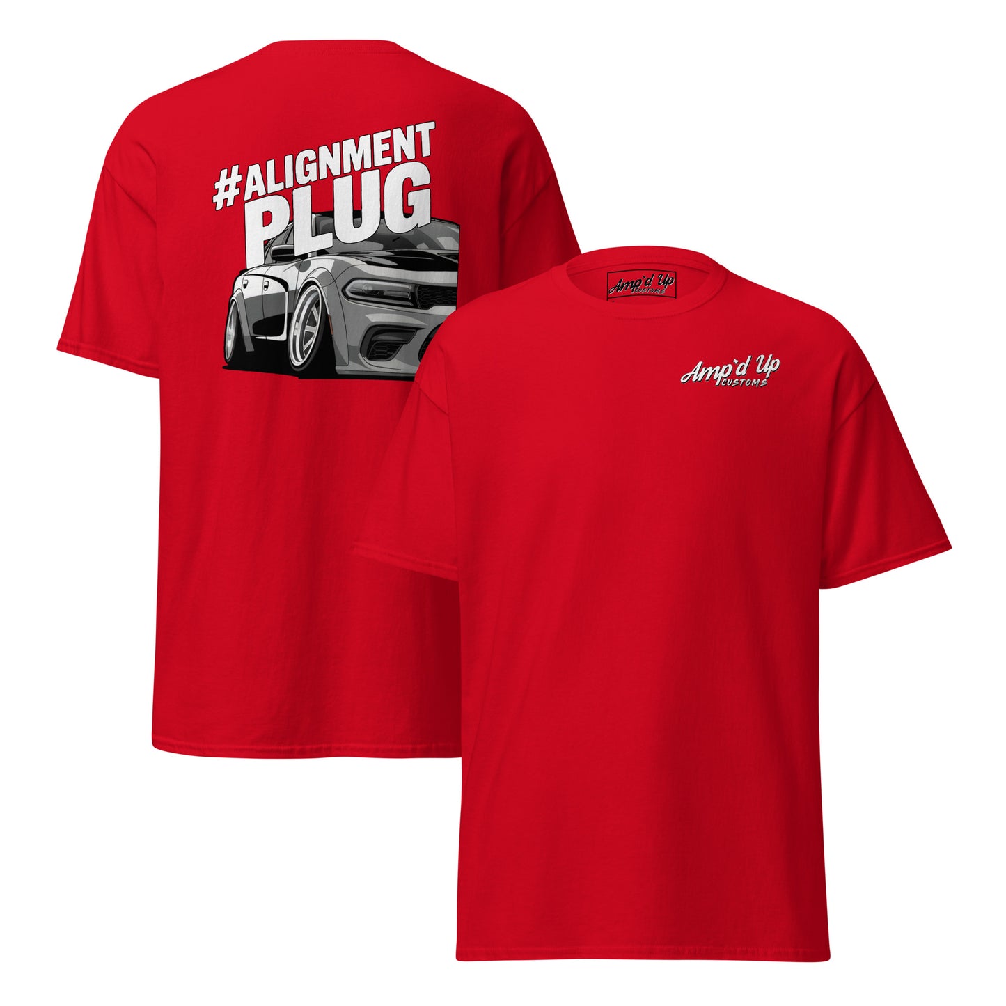 Red Amp'd Up Custom Alignment PLUG T-Shirt featuring a bold back illustration of a sporty car