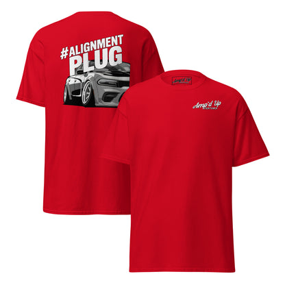 Red Amp'd Up Custom Alignment PLUG T-Shirt featuring a bold back illustration of a sporty car