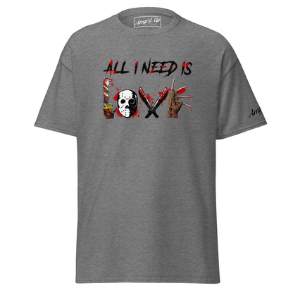 Amp'd Up Custom All I Need Is Love T-Shirt with horror-themed graphic on gray fabric