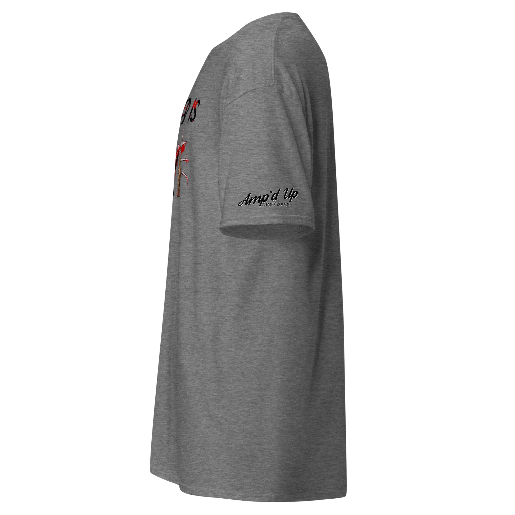 Gray Amp'd Up Custom All I Need Is Love T-Shirt with short sleeves shown from side view