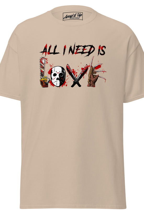 Amp'd Up Custom beige All I Need Is Love T-Shirt with horror-themed graphic design