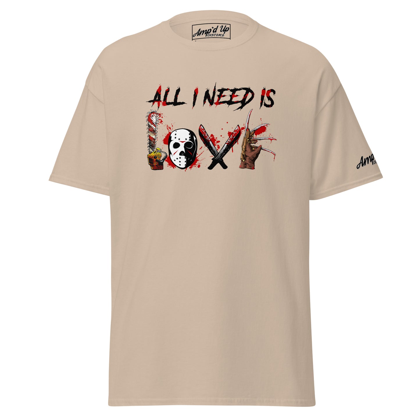 Amp'd Up Custom beige All I Need Is Love T-Shirt with horror-themed graphic design