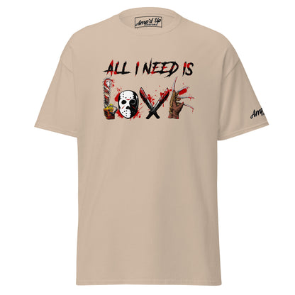 Amp'd Up Custom beige All I Need Is Love T-Shirt with horror-themed graphic design