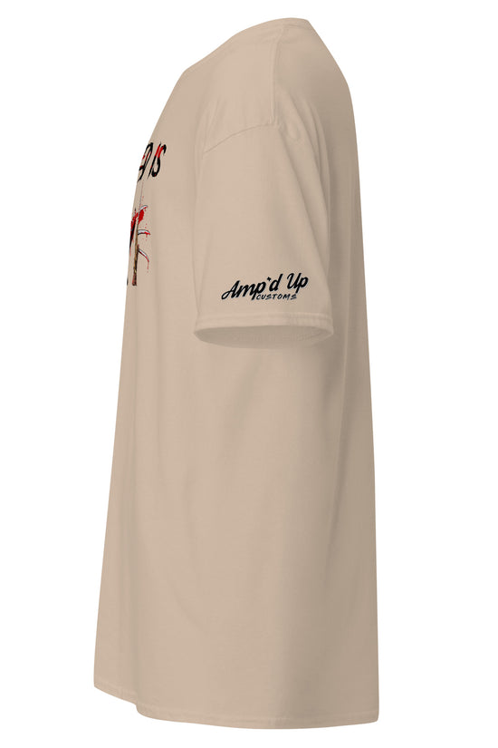 Side view of beige Amp'd Up Custom All I Need Is Love T-Shirt with sleeve logo