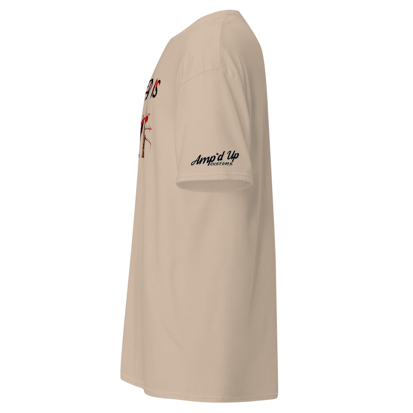 Side view of beige Amp'd Up Custom All I Need Is Love T-Shirt with sleeve logo