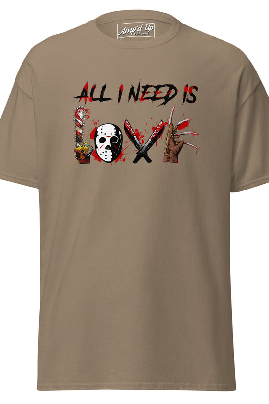All I Need Is Love T-Shirt in tan with horror-themed graphic design from Amp'd Up Custom