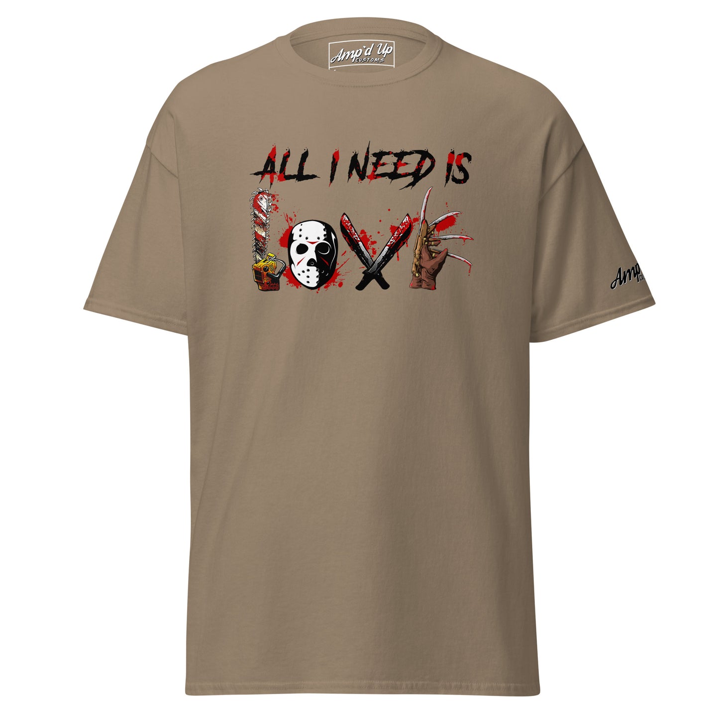 All I Need Is Love T-Shirt in tan with horror-themed graphic design from Amp'd Up Custom