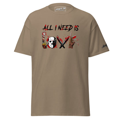 All I Need Is Love T-Shirt in tan with horror-themed graphic design from Amp'd Up Custom