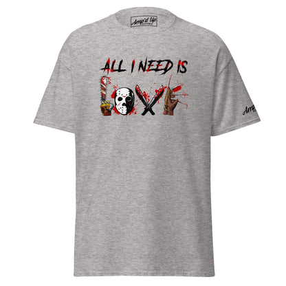 Gray All I Need Is Love T-Shirt by Amp'd Up Custom with horror-themed graphic design