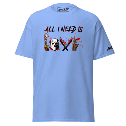 Amp'd Up Custom All I Need Is Love T-Shirt with horror-themed graphic on light blue fabric