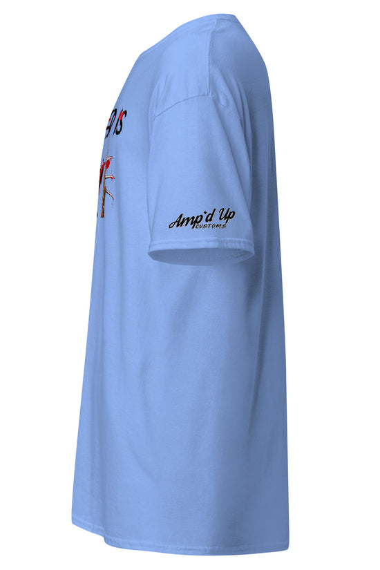 Light blue All I Need Is Love T-Shirt by Amp'd Up Custom with logo on sleeve and side view