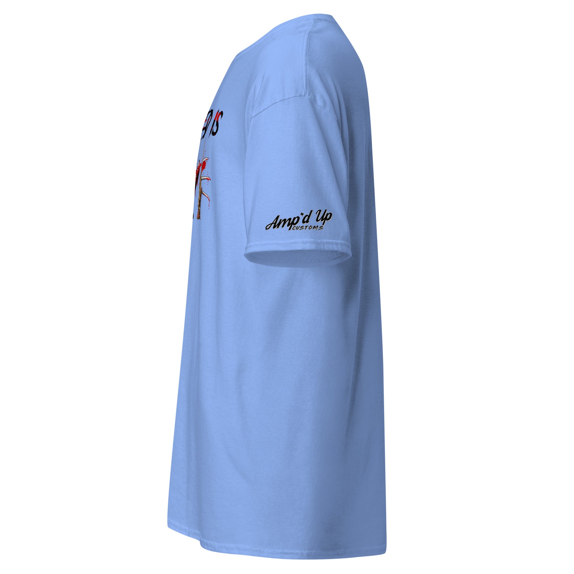 Light blue All I Need Is Love T-Shirt by Amp'd Up Custom with logo on sleeve and side view