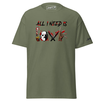 Amp'd Up Custom All I Need Is Love T-Shirt with horror-themed graphic design on olive green fabric