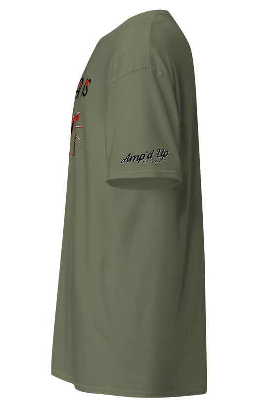 Amp'd Up Custom All I Need Is Love T-Shirt in olive green with short sleeves and logo on sleeve