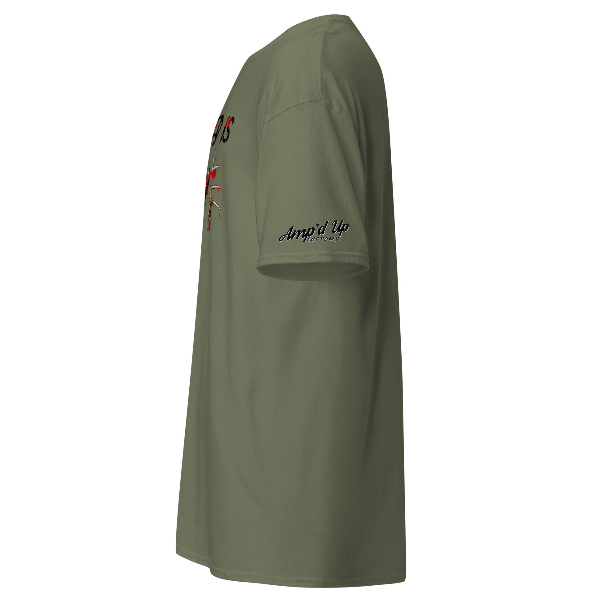 Amp'd Up Custom All I Need Is Love T-Shirt in olive green with short sleeves and logo on sleeve